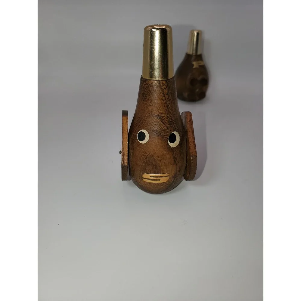 Vintage Mid Century Modern Wood Dachshund Salt and Pepper Shaker Set Brown Gold